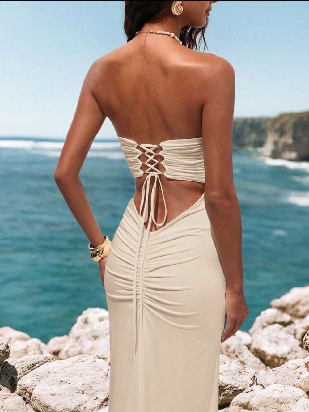 SHEIN Strapless Lace-Up Back Cream Maxi Dress - Picture 2 of 6